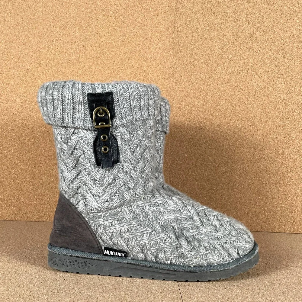 Muk Luks Knit Winter Pull On Lined Slipper Boots Grey Size 10